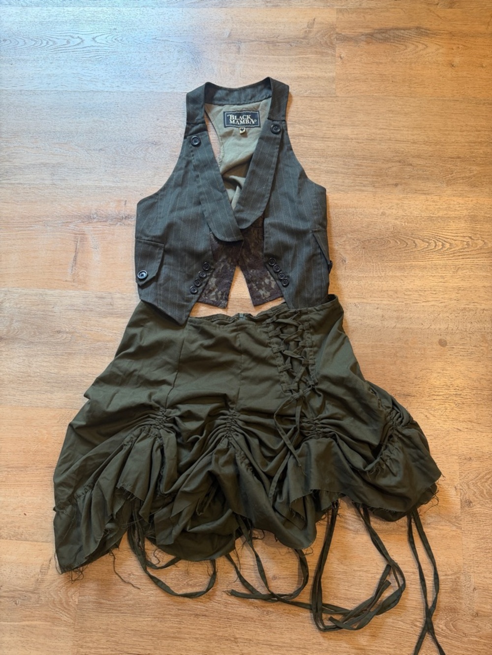 Black Mamba Olive Green Layered Skirt Vest Set with extra vest
